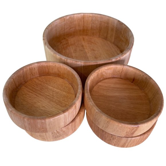 Vintage Teak Wood Salad Bowl Serving Set Made in Thailand 5 pc Set 1960's MCM - Picture 5 of 9